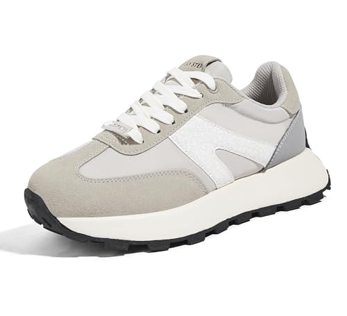 LUCKY STEP Zapatillas de Plataforma para Mujer – Clásicas y Retro, Zapatos de Moda con Cordones para Correr, Tenis y Uso Diario (Gris/Blanco, 7US-37EU-4UK)