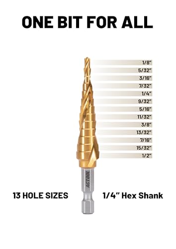 Image of Industrial HSS Step Drill bit 1 /8''-1 /2'' with 1 /4'' Hex Shank, Unibit Double Spiral Flute with TiN Coating for Metal, Stainless Steel, Aluminum, Plastic