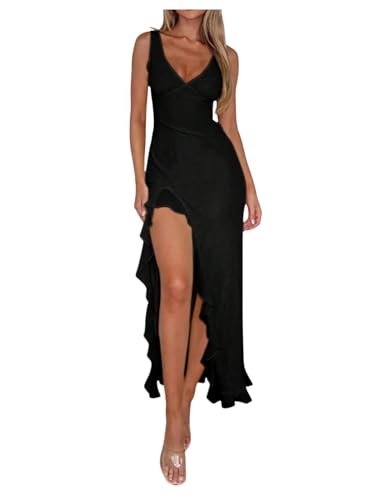Image of SOLY HUX Women's Sleeveless V Neck Ruffle Trim Split Hem Dress Bodycon Long Dresses