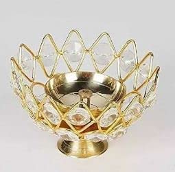 Rudram Bowl Shape Akhand Diya Decorative Brass Crystal Diamonds Gold Plated Oil Lamp Tea Light Holder Lantern Oval Shape Diya for Puja Room Diya for Diwali (Big)