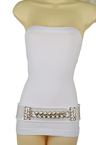 Women Holidays Fashion Wide White Elastic Waistband Clear Belt Hip High Waist Gold Metal Chain Links XS S3
