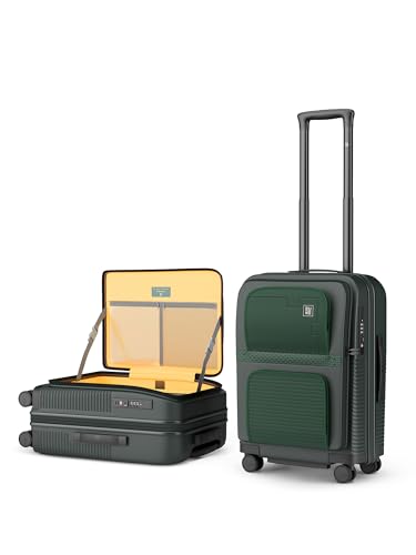 Image of EUME Aerotop Cabin Trolley Bag Small | Top Open Suitcase | Expandable Hard Polycarbonate Luggage | TSA Lock, Anti Theft Zipper, Silent Wheels | 16 inch inch Laptop Holder + Charging Port | 50L Green