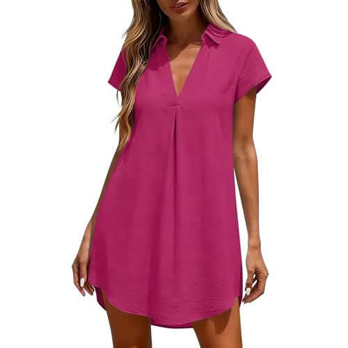 Generisch Vestido de muselina para mujer, de verano, manga corta, vestido de playa, minivestido de cuello en V, informal, vestido de verano, vestido de blusa, monocolor, elegante, vestido camisero