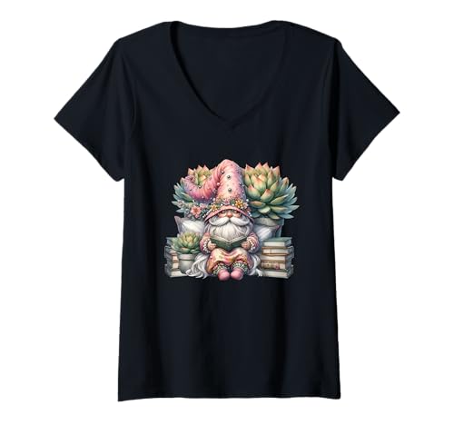 Mujer Teacher Gnome Reading Books Under Succulent Plant For Mom Camiseta Cuello V