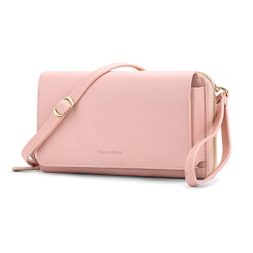 Peacocktion Crossbody Bags for Women RFID Wristlet Wallets Travel Vegan Leather Small Clutch Purses with Phone Pocket Zipper, 16-pink, Small