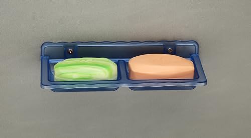 Image of HAPPI Unbreakable ABS Plastic Square Shape Double Soap Dish, Soap Stand, Soap Case, Soap Holder Stand Wall Mounted for Bathroom (Blue)