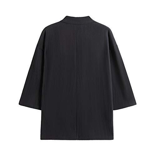 Image of Mens Japanese Kimono Cardigan Cotton Linen Haori Fashion 3 /4 Sleeve Yukata | Shawl Collar Kimono Jacket Robe Embroidery Patchwork Happi Coat Tie Pockets Lightweight Outerwear Daily Casual All Seasons