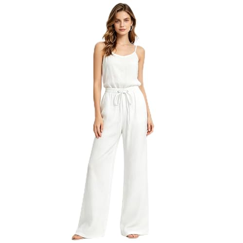 Women Cotton Linen Pants Lightweight Straight Leg Trousers Casual Drawstring Elastic Waist Trousers with Pockets White