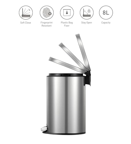 Image of Obsessions EKO Soft-Close Bathroom Trash Can - 8L Stainless Steel Pedal Bin with Lid & Liner, Elegant Waste Basket for Home & Office, Metallic