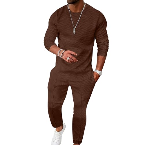 UOUA Men's 2 Piece Sweat Suits Set Long Sleeve Sweatshirt Jogging Sweatpants Tracksuits Outfits Brown L