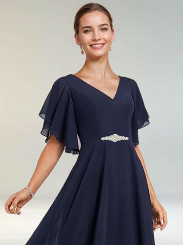 Mother of The Bride Dresses for Wedding Tea Length V Neck Chiffon Lace Formal Evening Dress with Sleeves JH0194