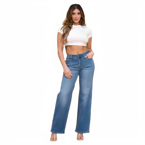 LOVER BRAND FASHION Women's Mid Rise Wide Leg Jeans - Stretch Comfort Light Sand Wash Denim Pants Vintage Style