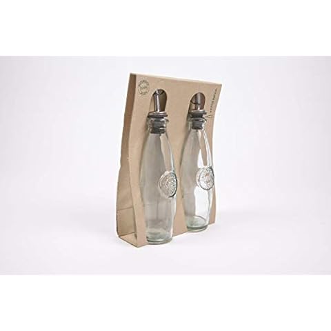 100% recycled glass set of 2 300ml oil / vinegar bottles with "Authentic" stamp in relief Cover