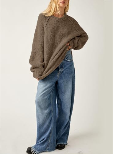 Image of Beaully Women's Oversized Crewneck Sweaters | Oversized style, Tunic sweater, Fuzzy knit, Soft knit, Loose fit, Drop shoulder