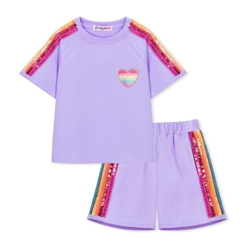 Image of WELAKEN Girls 2 Piece Outfit Kid Toddler Heart & Rainbow Sequin Striped T-shirt and Shorts Clothing Set