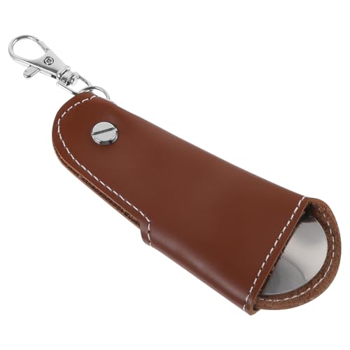 SECFOU Calzador de Acero Inoxidable Plegable con Llavero, Mango Corto y Funda de Cuero Sintético, Portátil y Práctico para Viaje, Personas Mayores y Uso Diario, Color Marrón Oscuro