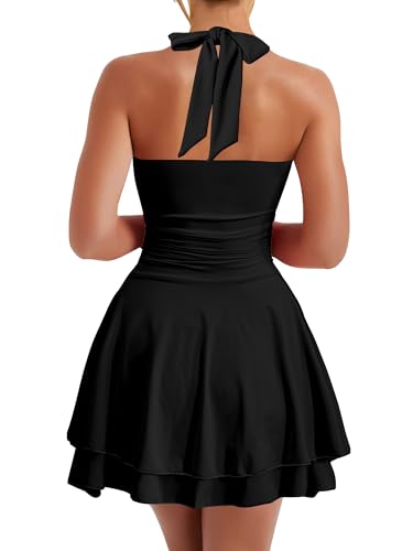 Kaximil Women's Sexy Halter Ruffle Hem Mini Dress Ruched Waist Corset Short Party Dresses2
