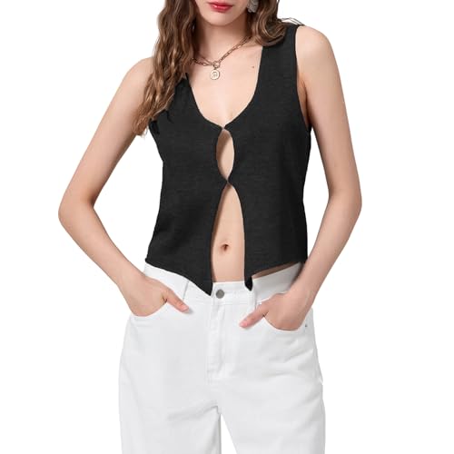 Women's Crochet Knit Vest Top V-Neck Button Up Tank Top Summer Casual Going Out Sweater Vest Shirt Trendy Streetwear