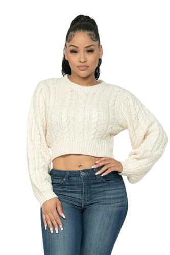 Women's Crewneck Sweater, Cable Knit, Long Sleeve, Cropped (US, Alpha, Small, Regular, Regular, Cream)