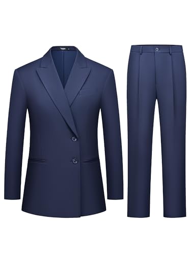 Women's 2 Piece Suit One Button Business Casual Office Work Outfits Dressy Blazer Wide Leg Pants Set Navy2