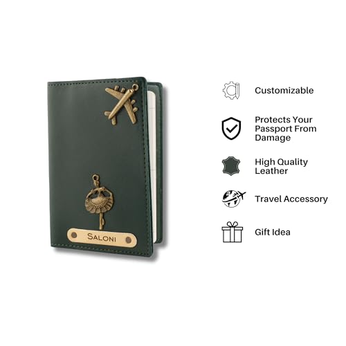 Image of AICA Personalised Name & Charm Leather Passport Cover Holder for Men & Women (DarkGreen) | Birthday Gifts for Women