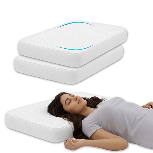 Image of Neck Relief Pillow Set of 2, Shredded Memory Foam Orthopedic Support, 60x38x10 cm High Density, White Geometric Jacquard Fabric, Aligned Spine Bedding for Side and Back Sleeper