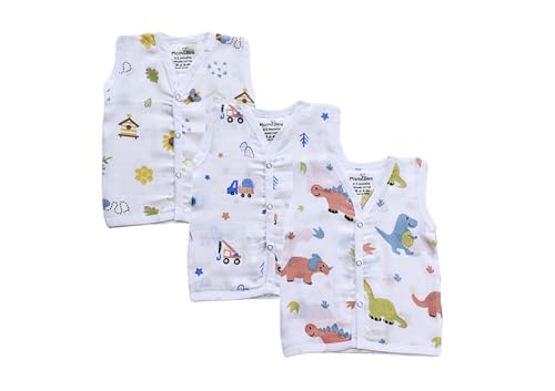 Image of MamaBee Organic Cotton Muslin Button Jabla | Printed Jabla | for Boys & Girls | Soft & Comfortable Baby Products | Sleeveless Vest | Snap Button Jabla | Assorted Pack of 3 | Size - 0-3 Month