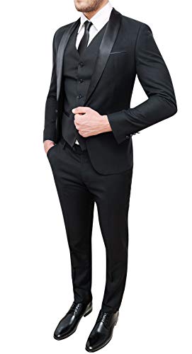 Costume homme complet veste pantalon gilet cravate noir satin brillant 54