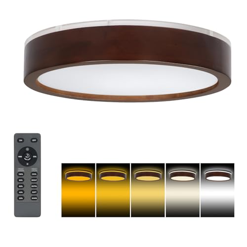 Xapolu 12IN 36W Wooden Flush Mount Ceiling Light Dimmable 2700K-5000K with Remote, Modern White Round Light Lamp Ceiling for Kitchen Bedroom Hallway Living Room, ETL Listed