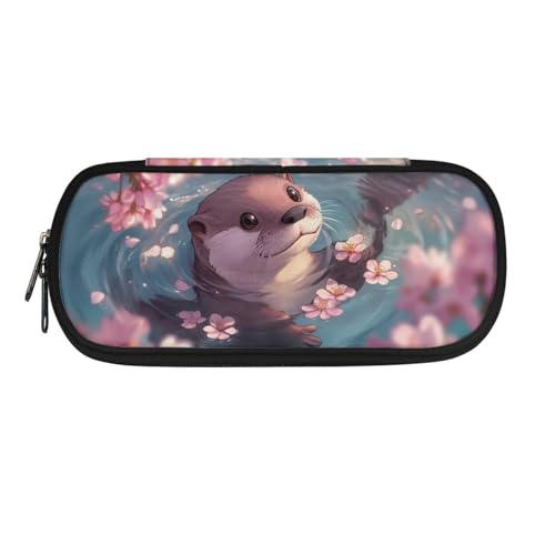 Image of Cute Otter Pen Case Pouch for Kids Girls Cherry Blossom Pencil Pouch with Zipper Closure Pen Cases for School Class Supplies Holder Box