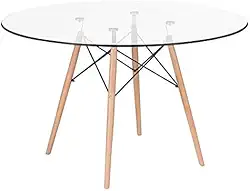 Loft7, Mesa De Jantar Redonda Eames Eiffel Com Tampo De Vidro E Base De Madeira E Aço 120 Cm Cozinha Sala De Jantar Bar Cafeteria