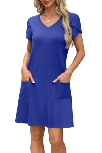 Image of OFEEFAN Womens Summer Dresses 2026 Tulip Petal Short Sleeve V Neck Loose Swing Sundresses with Pockets Plain /Print