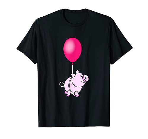 Happy Pig Flying on a Red Balloon T-Shirt, Black