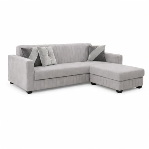Image of SLEEPIFY Avren 3 Seater Velvet Fabric Sofa Set with 1 Ottoman (Light Grey) | Premium Soft Velvet | Plush Comfort Cushions | Modern Living Room Sofa