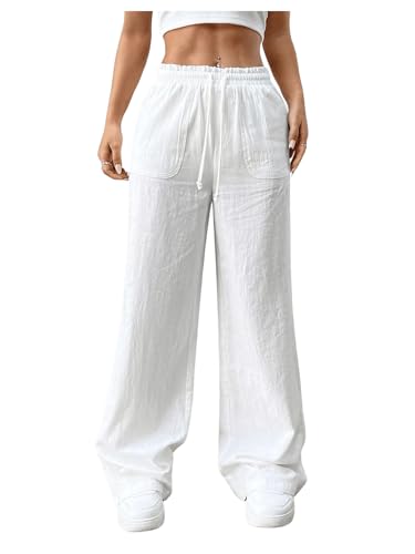 WDIRARA Women's Drawstring Waist Slant Pockets Wide Leg Pants Summer Solid Causal Loose Pants