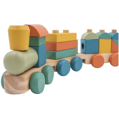 jumini Classic Wooden Toy Stacking Train - Infants and Toddlers Stacking Toy LARGE size with 18 pieces Retro Pastel Colours Cover