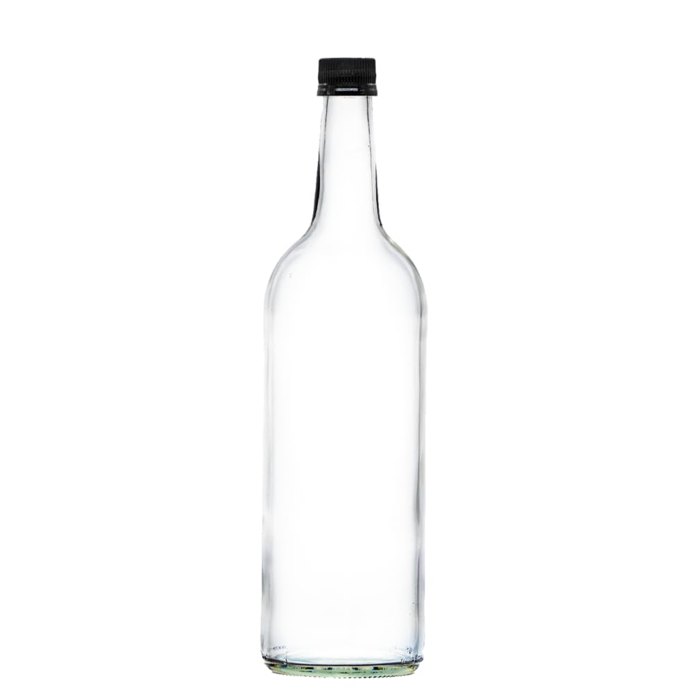 Glass Water Bottle, 1 Litre & Cap Juice Mineral Elderflower Cordial Sparkling (Black Cap, Pack of 30)