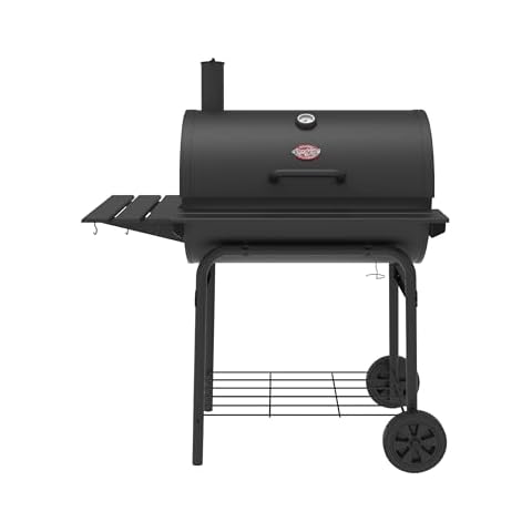 Char-Griller® Pro Deluxe Charcoal Barrel Grill, EasyDump™ Ash Pan, Premium Front and Side Shelves with Utensil Hooks, 850 Square Inches of Cooking Space in Black, Model E2827 Cover