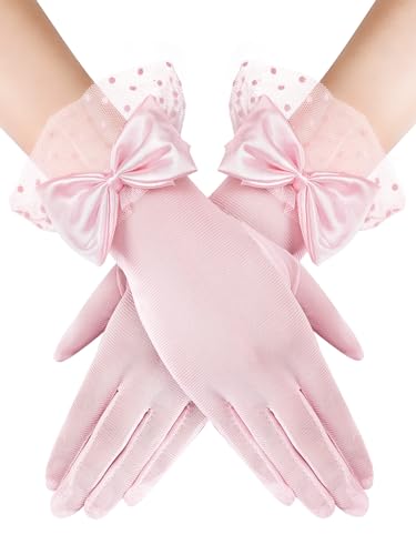 Bencailor Women Lace Gloves Wedding Tea Party Gloves Bow Short Mitten Elegant Accessories for 1920s Opera Funeral(Pink Lace Style)