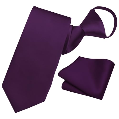 Image of YourTies Zipper Tie for Men Adjustable Pre-tied Satin Neckties and Pocket Square Set Solid Color Business Formal Wedding
