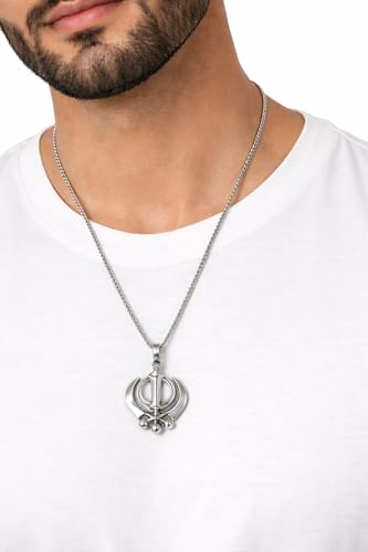 Image of Khanda Sikh Symbol Pendant Necklace for Men & Women | Stainless Steel Silver Religious Khalsa Pendant with Chain | Spiritual Sikh Jewellery | Daily Wear | Gift for Men & Women