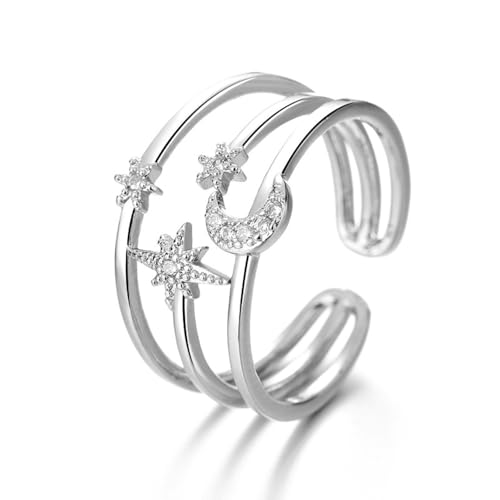 Moon Star Sun Statement Silver Plated Ring for Women CZ Engagement Layered Open Band Rings Adjustable Expandable Comfort Fit Wedding Promise Birthday Party Jewelry (Triple Lines)