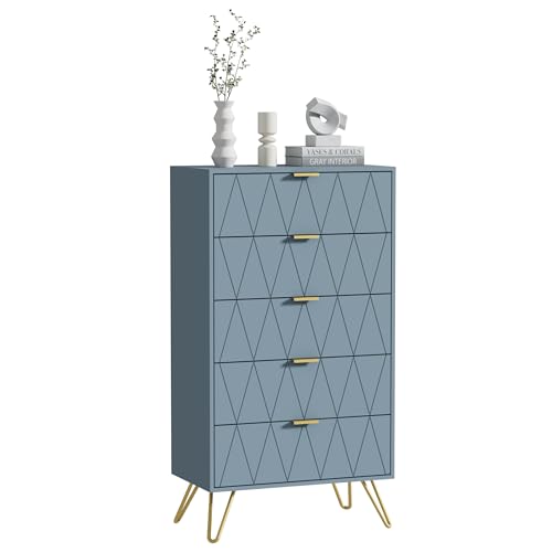 UEV Cassettiera a 5 Cassetti, Comò con Modello di linee di superficie in Legno Ingegnerizzato, con Maniglie e Gambe Dorate, per Soggiorno, Camera da Letto, Corridoio, 60 x 34 x 110 cm, Grigio-Blu