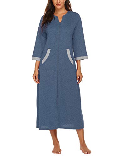 Image of Ekouaer Women Zipper Robe 3 /4 Sleeves Loungewear Dress Full Length Sleepwear Pockets Housecoat Nightgown Long Bathrobe