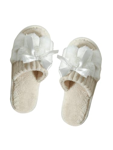 OYOANGLE Women's Bowknot Color Block Fuzzy Slippers Furry Open Toe House Shoes Indoor Slides Slippers