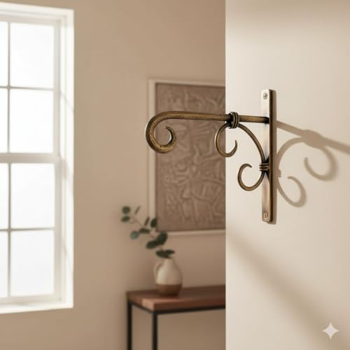 Image of Iron Antique Golden Wall Bracket for Hanging Lanterns, Planters, Bells & Diya | Wall Mount Hanger for Garden, Balcony, Indoor & Outdoor (17 x 16.5 x 2 Cm, Golden 4)