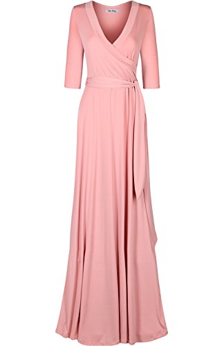 Image of Women's 3 /4 Sleeve Deep V-Neck Maxi Faux Wrap Solid Plus Size Dress