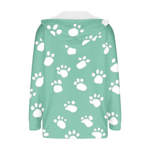 NZYIHAO Plüschjacke Damen Hundepfote Druck Winterjacke Warm Fleecejacke Kapuze Teddyjacke Lockere Übergangsjacke Fleece Strickjacke Winter Kapuzenjacke Teddy Wintermantel Open Front Fleecemantel