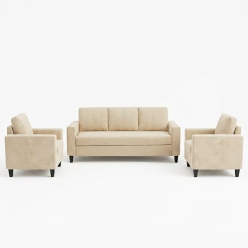 Image of Hendrick Plush Velvet 3 Seater + 1 Seater + 1 Seater Sofa Set | Silken Velvet Upholstery | Golden Legs | Designer Set for Living Room & Office Spaces (Cream)