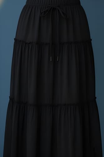 Image of Women's Rayon Full Length Maxi Skirt | Solid Black & White Regular Fit Skirt with Elasticated Waistband and Drawstring